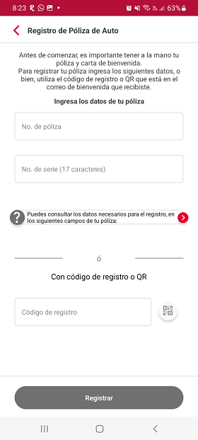 Botón código de registro en la App Seguros Banorte