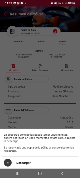Paso 2 de descargar póliza en la App Seguros Banorte