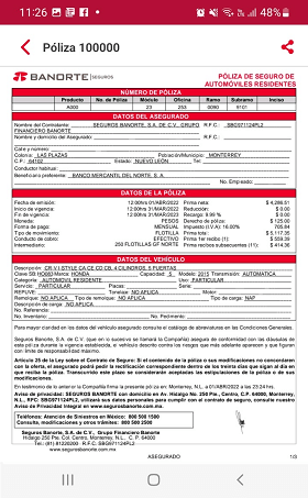 Póliza en PDF recibida en tu correo en la App Seguros Banorte