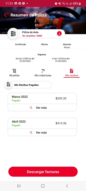 Resumen de Póliza en la App Seguros Banorte