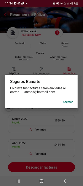 Recibir una copia de la factura desde la App Seguros Banorte
