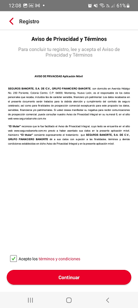 Acepta términos y condiciones en la App Seguros Banorte