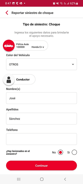 Formulario en la App Seguros Banorte