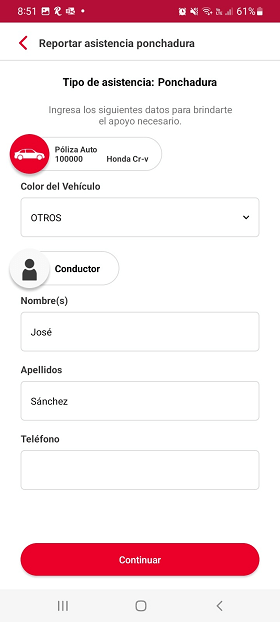 Formulario para obtener asistencia en la App Seguros Banorte